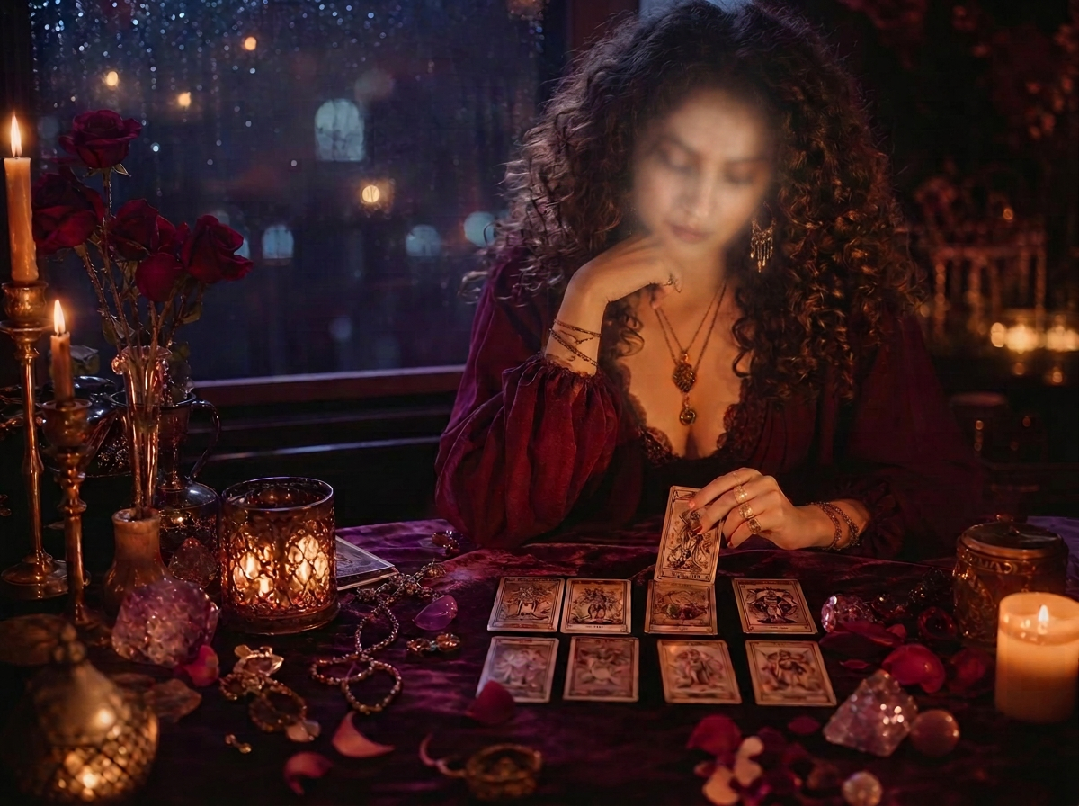 Tirage de cartes à la lueur des bougies dans une ambiance d'automne pluvieux